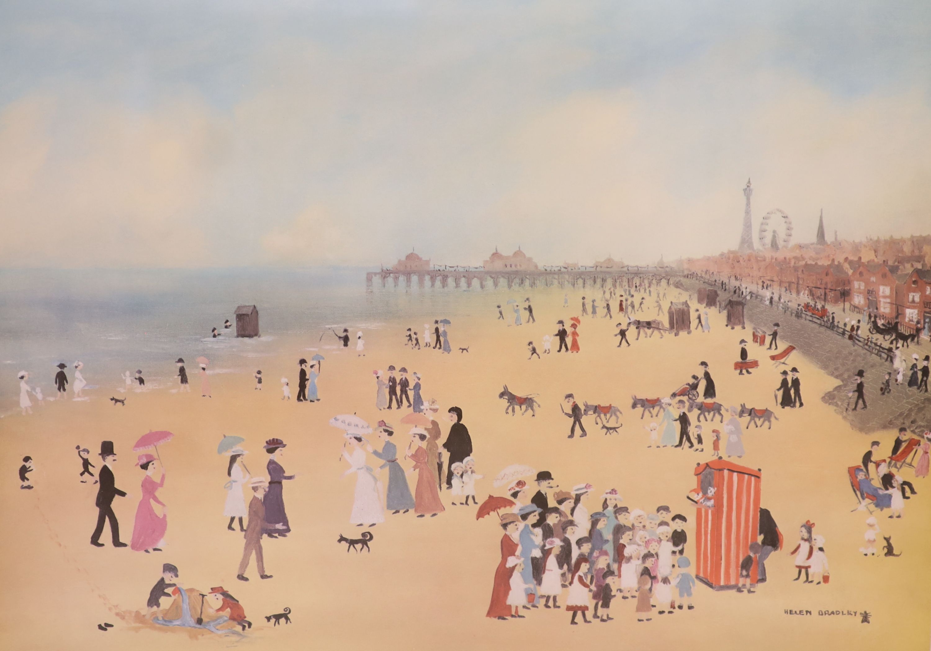 Helen Bradley, two signed prints, Blackpool Station and Blackpool Sands, both signed in pencil, overall 40 x 57cm and 48 x 62cm